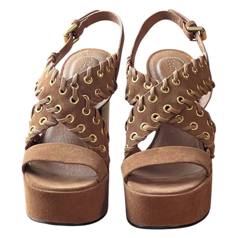 See By Chloé NWOB Tan Suede Platform Sandals 38 Lace-Up Grommet Boho Designer
